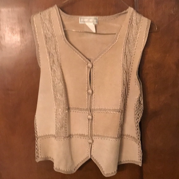 Tops - Large Beige leather vest with rayon trim & buttons .